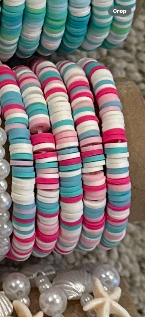 Bubblegum Party bracelet with hot pink, light pink, turquoise, and creamy white striped beads