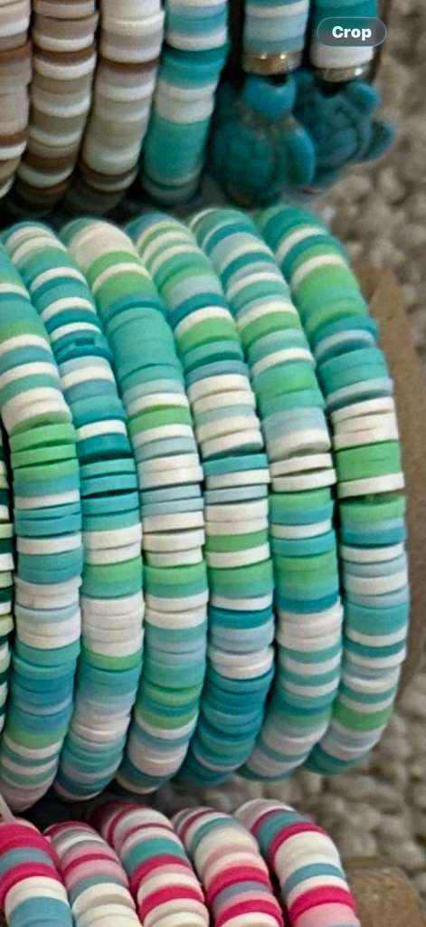 Teal Pop bracelet with turquoise, teal, mint green, and creamy white striped beads