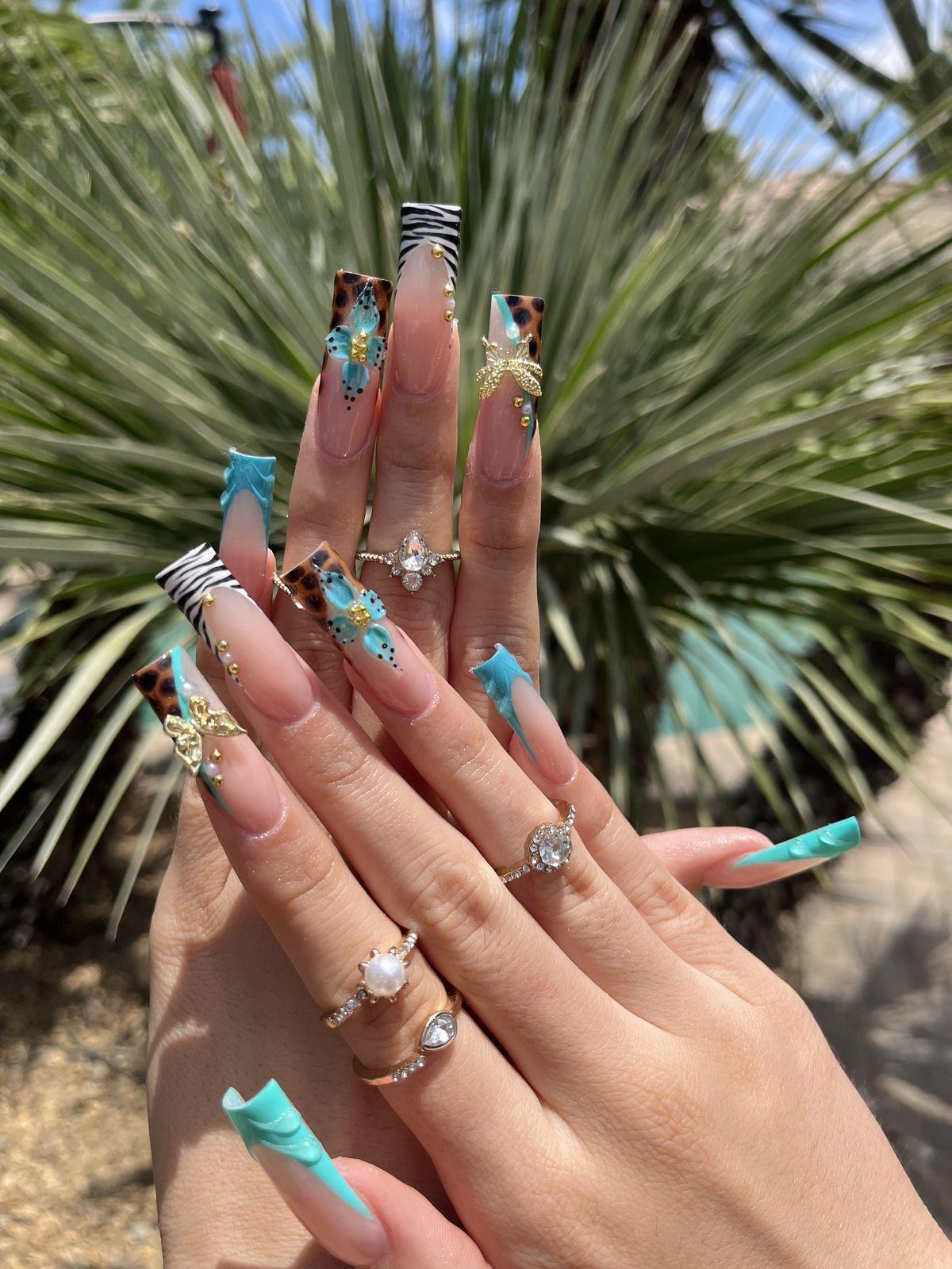 Detailed design inspiration with animal print, zebra print, 3D flowers, gold charms, and gems