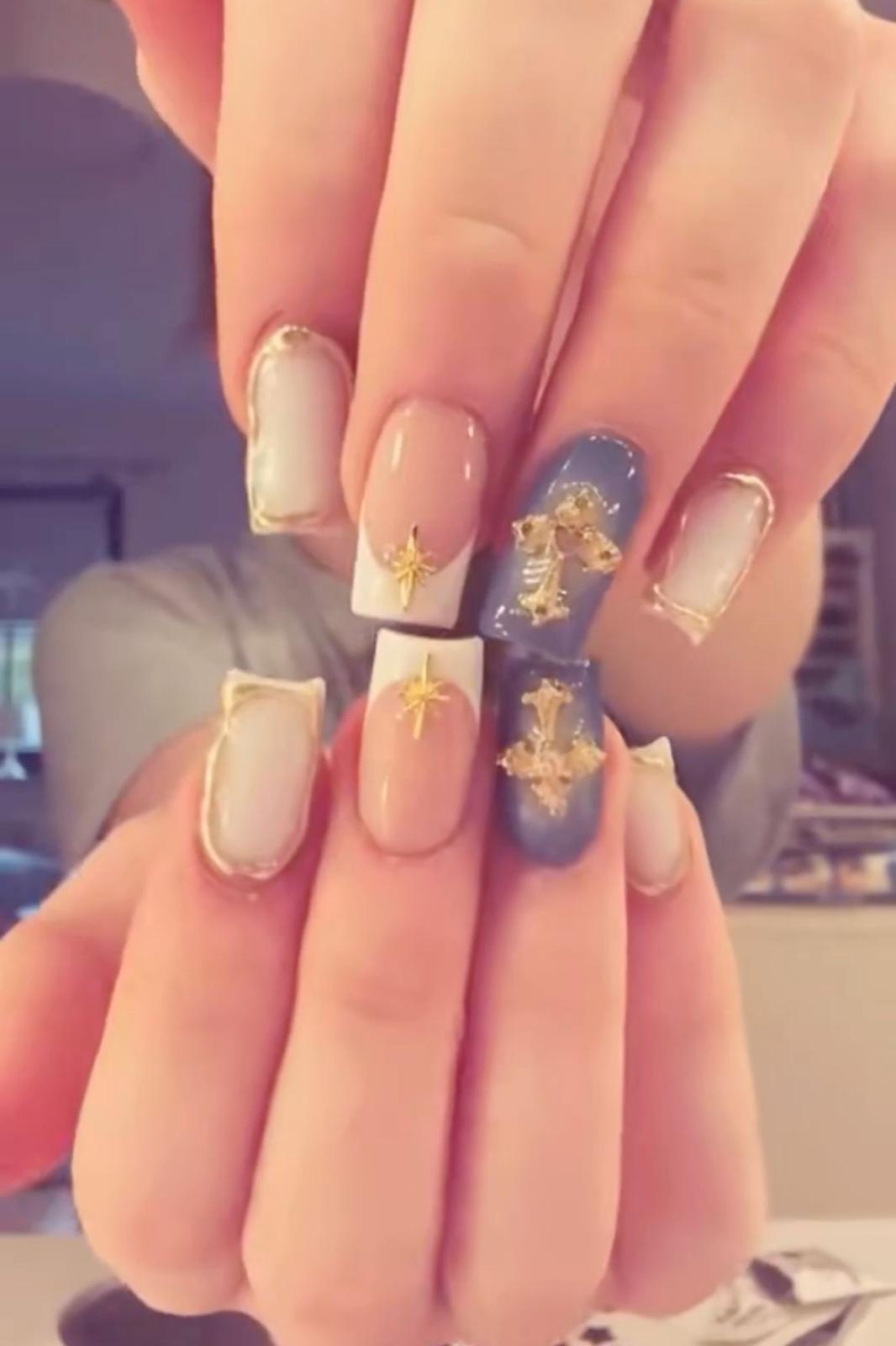Medium design inspiration with blue, cream, gold charms, and French details