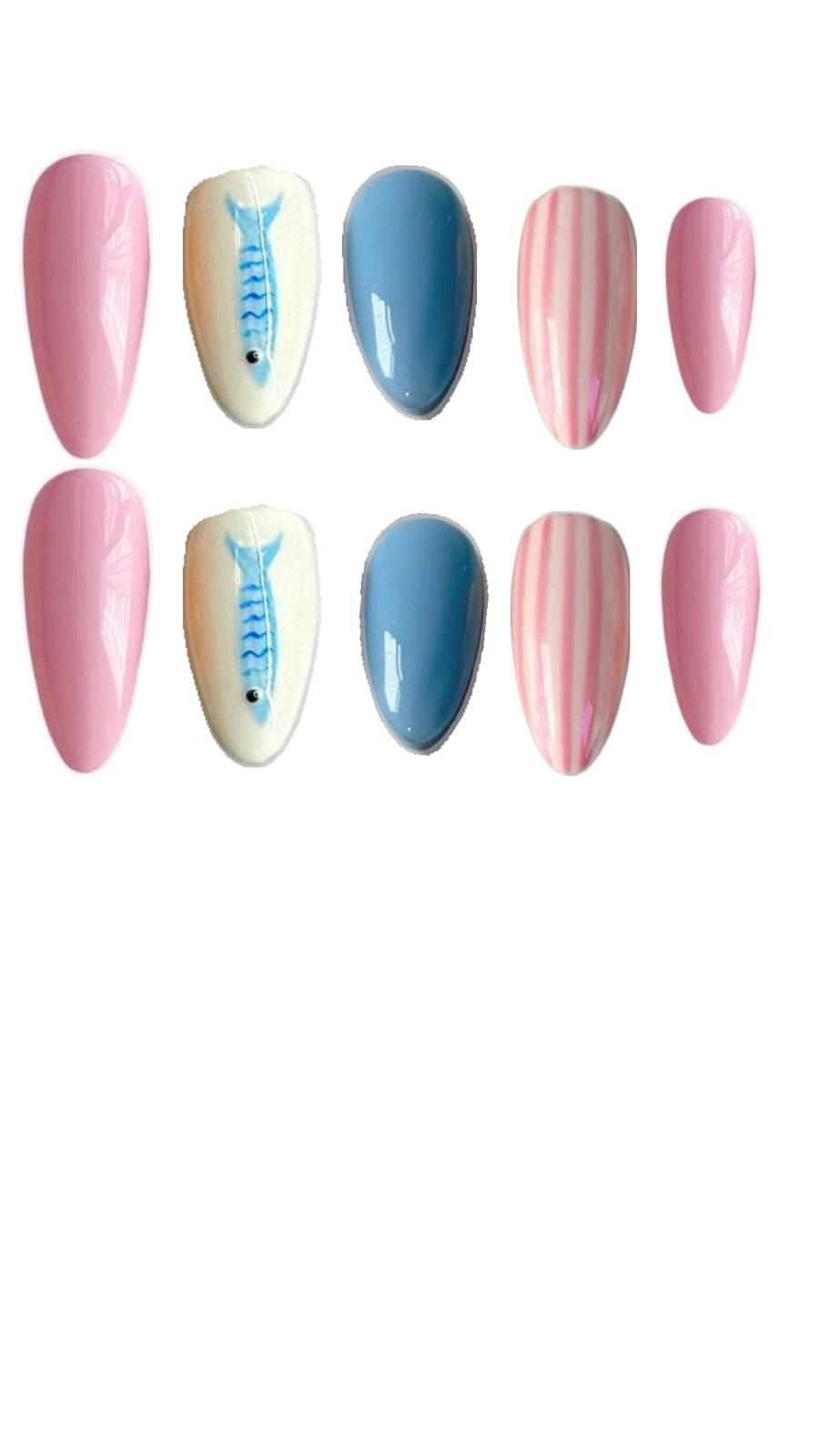 Medium design inspiration with blue and pink nails, stripes, and fishbone art