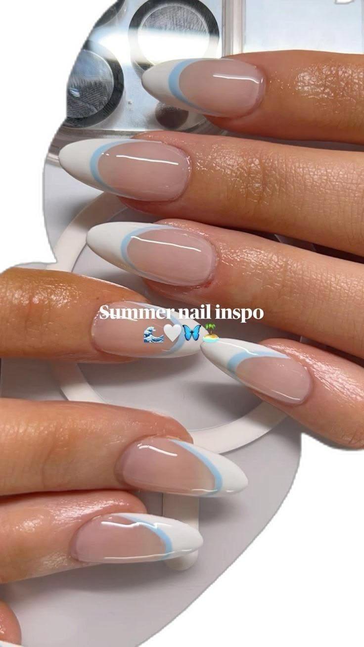 Simple design inspiration with white French tips and a light blue curved line